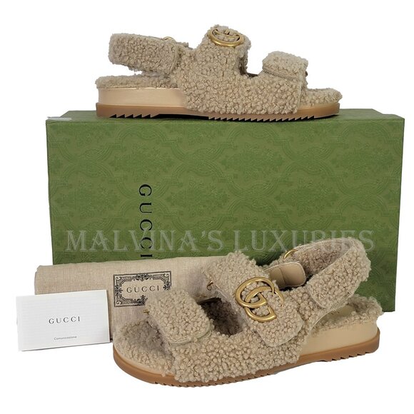 GUCCI SHOES DOUBLE G LOGO BEIGE MERINO WOOL SANDALS w STRAPS sz 38 8 US - Picture 2 of 15